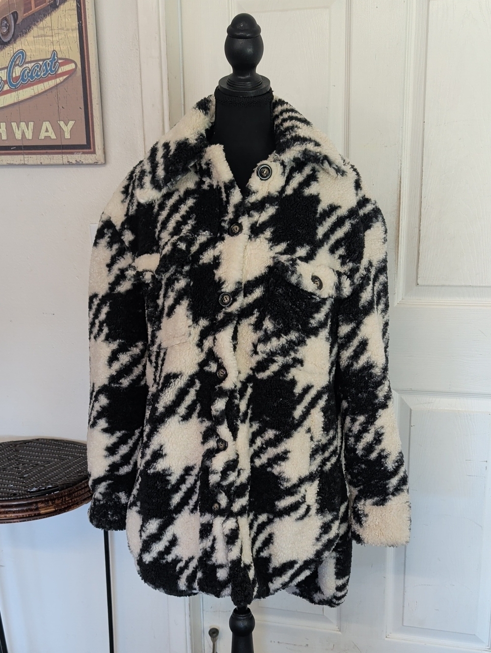 Beach Riot Ingrid Houndstooth Sherpa Jacket Size Medium